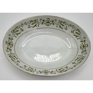 Allegro Green Pattern Oval Serving Bowl 10.5" x 8" Porcelain Japan Vintage